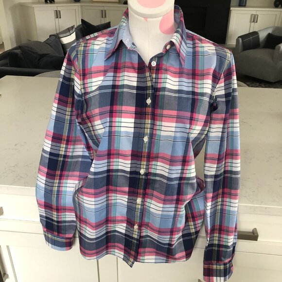 Chaps Petite No-Iron Plaid Button Down Lg Slv Cotton Shirt Blue Pink Wht Sz MP - Picture 2 of 12